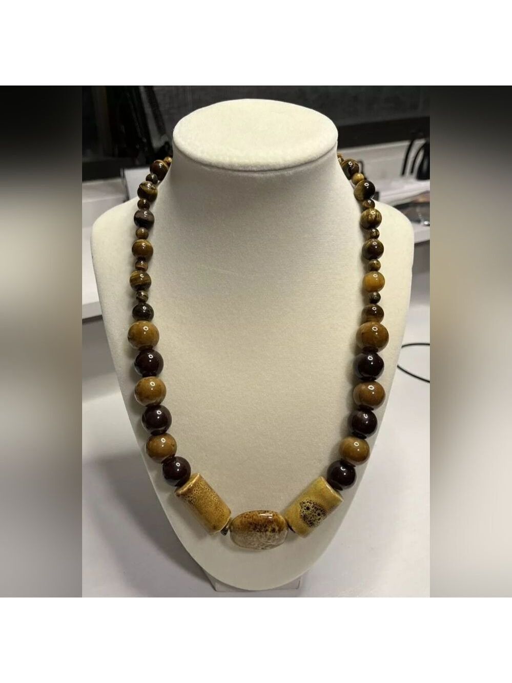 Chunky TIGER EYE Beads Brown Statement Necklace 18” Beautiful